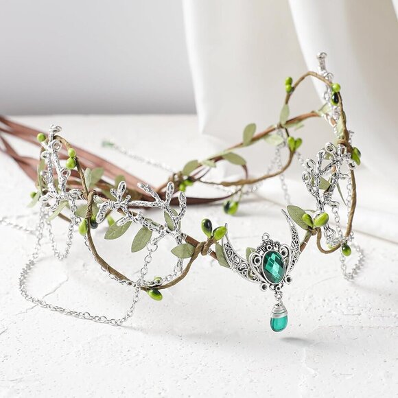 Woodland Fairy Headpiece for Women Green Elf Crown Tassel Medieval Costume